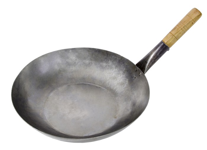 Wok con manico singolo in legno e fondo piatto - Ã 33 cm.